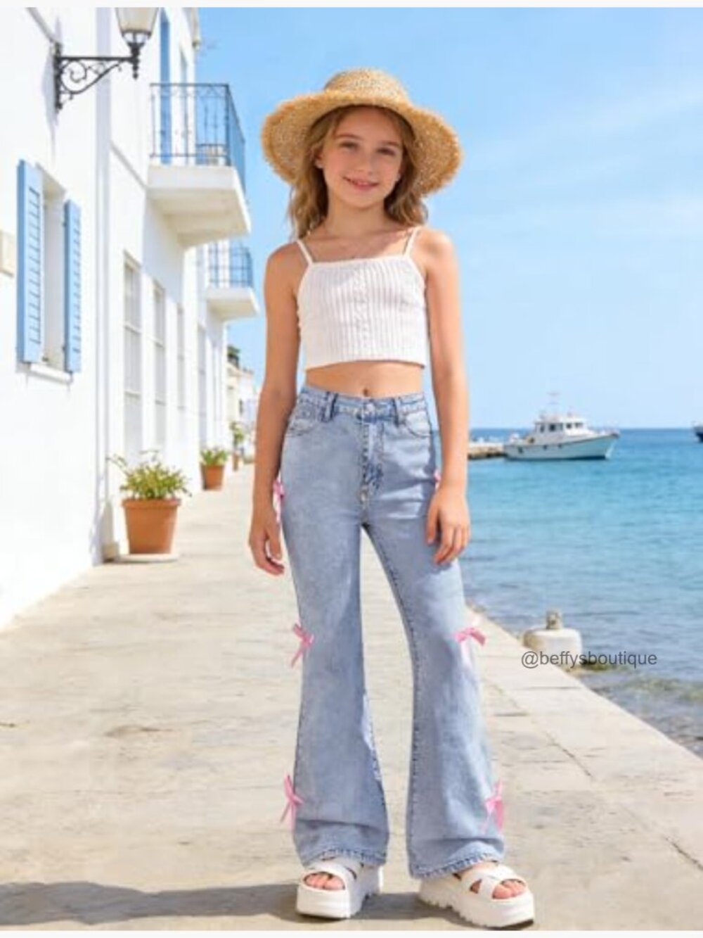 Girls Flare Bell Bottom Bow Jeans High Waist Y2K Tween Denim Pants 8-16Y - Picture 2 of 7
